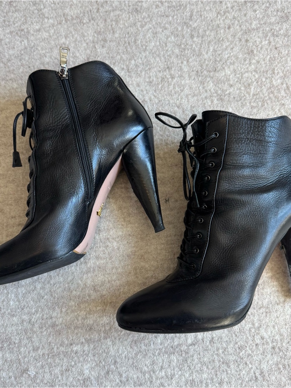 Prada Black Lace-Up Leather High Heel Ankle Boots - Picture 4 of 7